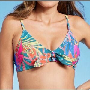 Kona Sol Blue Tropical Print Front Tie Triangle Bikini Swim Top Large 12-14 NWT